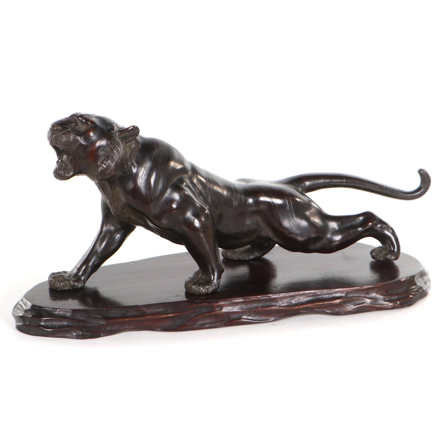 Japanese Bronze Tiger Sculpture on Wooden Base, After a Model by Nyozan Tsukuru