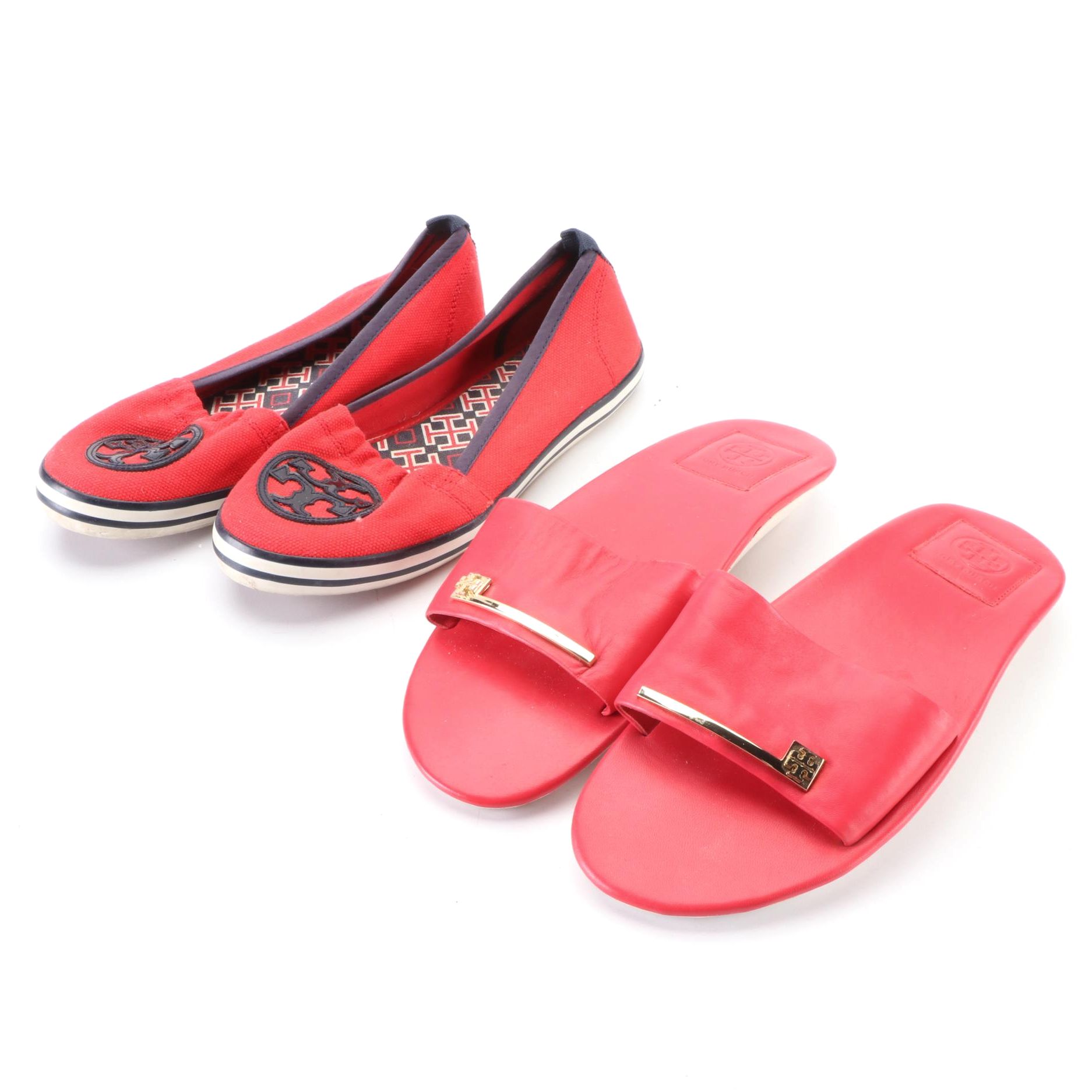 Tory Burch Red Canvas Flats and Red Leather Slide Sandals