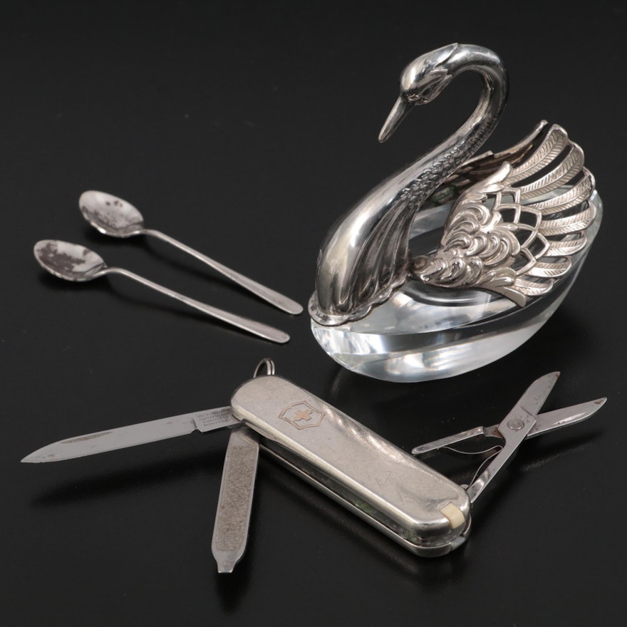 Tiffany & Co. Victorinox Sterling Utility Knife with Swan Salt Cellar and Spoons