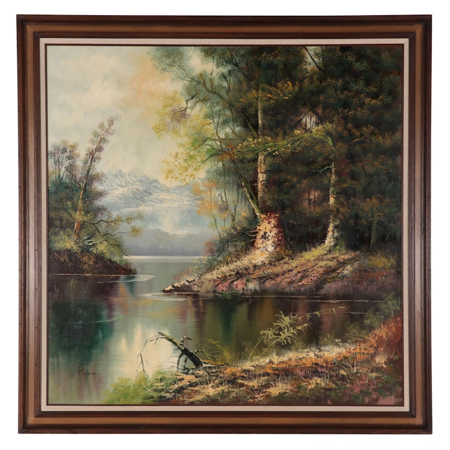 Forest River Landscape Oil Painting, Late 20th Century