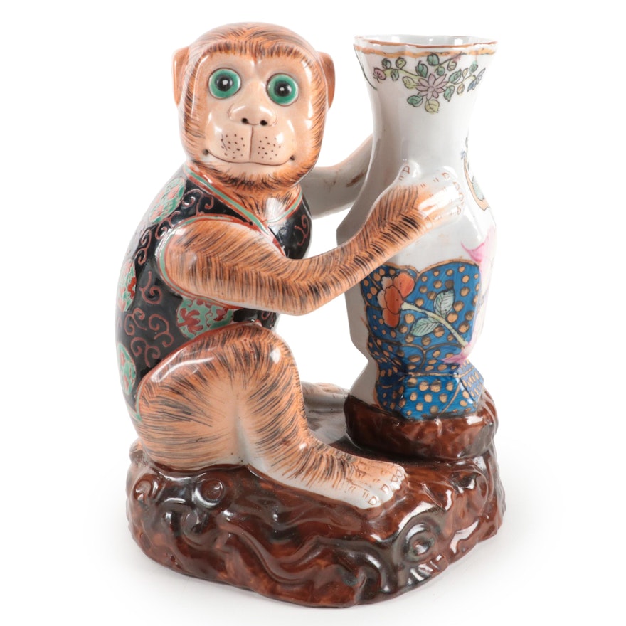 Chinese Porcelain Monkey with Tobacco Leaf Vase