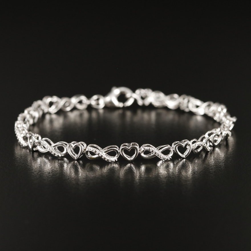 Sterling Diamond Infinity and Heart Link Bracelet
