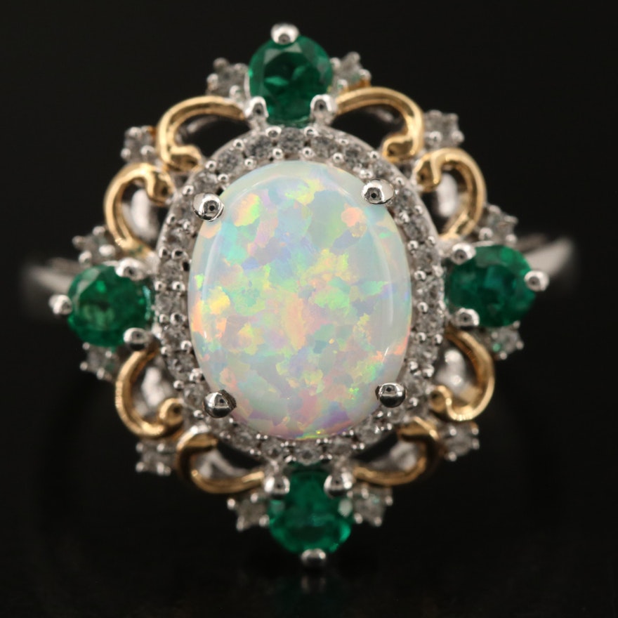 Sterling Opal, Emerald and Sapphire Ring