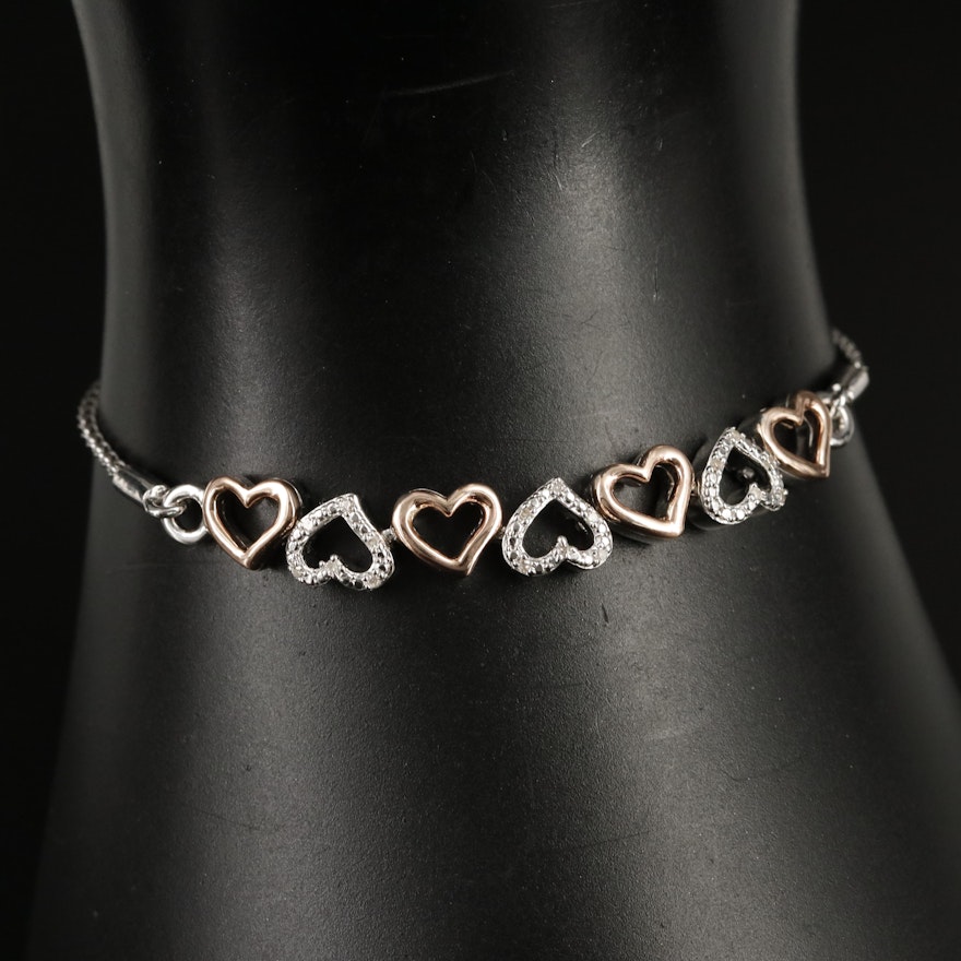 Sterling Diamond Heart Bracelet with 10K Rose Gold Accents