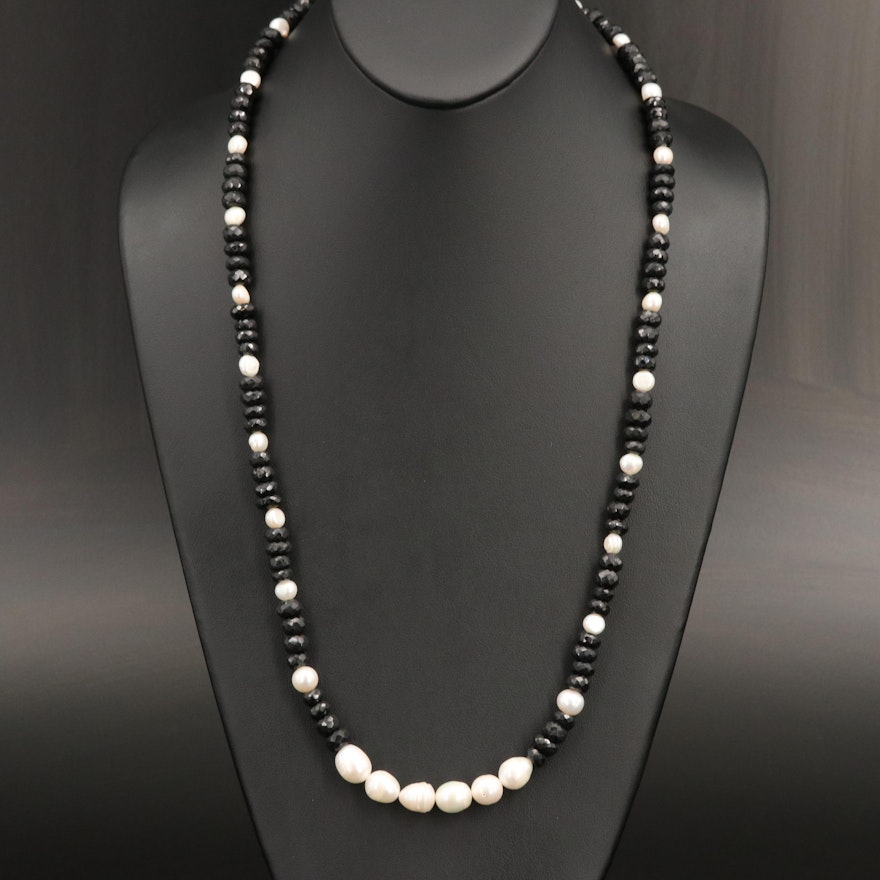 Sterling Pearl and Black Spinel Graduated Necklace
