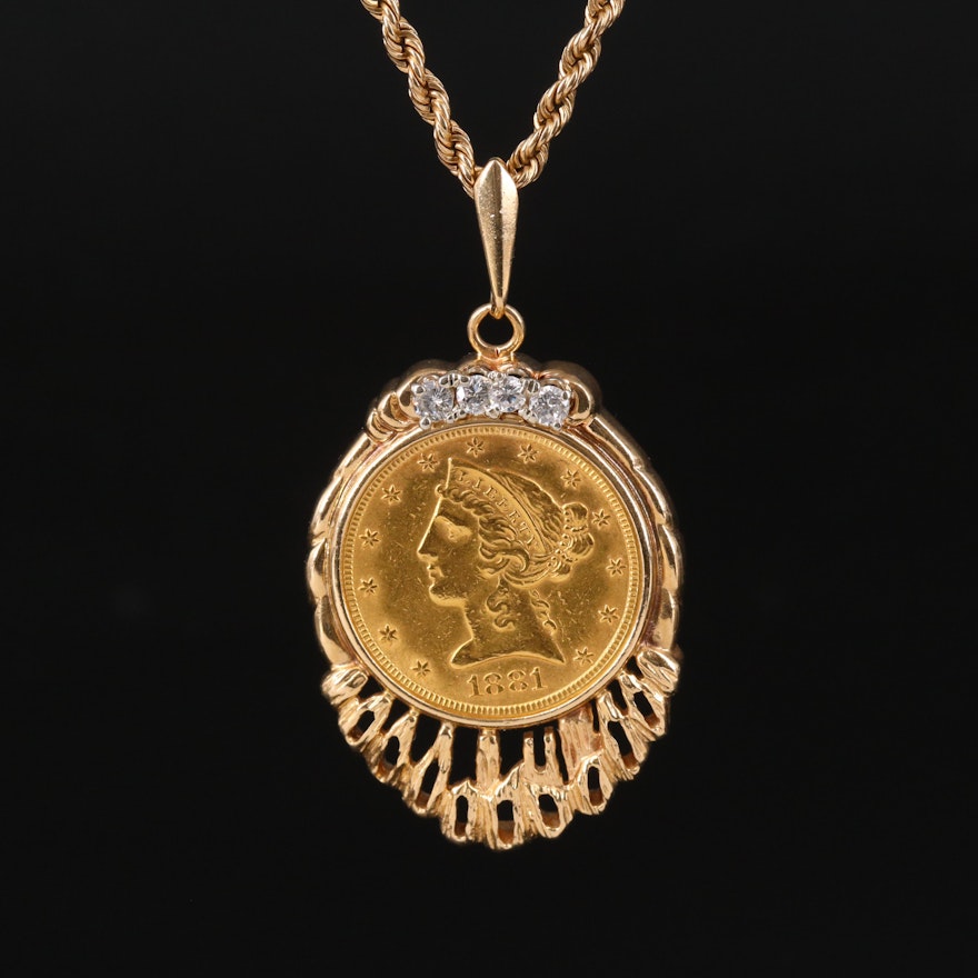 14K 0.28 CTW Diamond Pendant Necklace with 1881 Liberty Head $5 Gold Coin