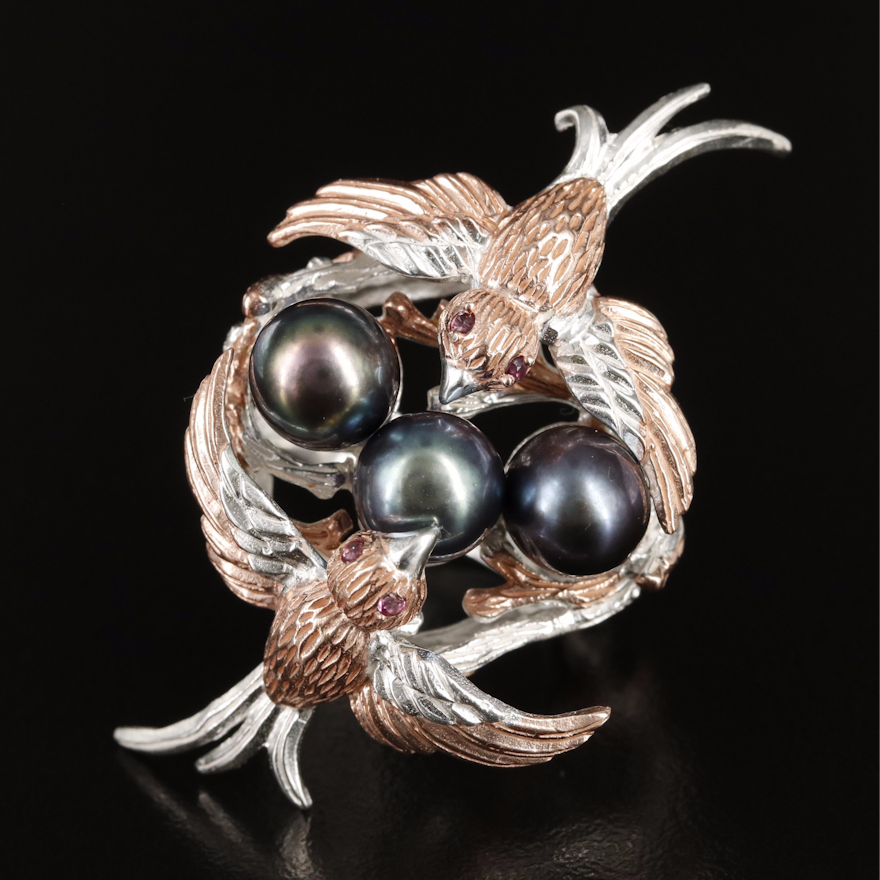 Sterling Pearl and Garnet Birds Nest Ring