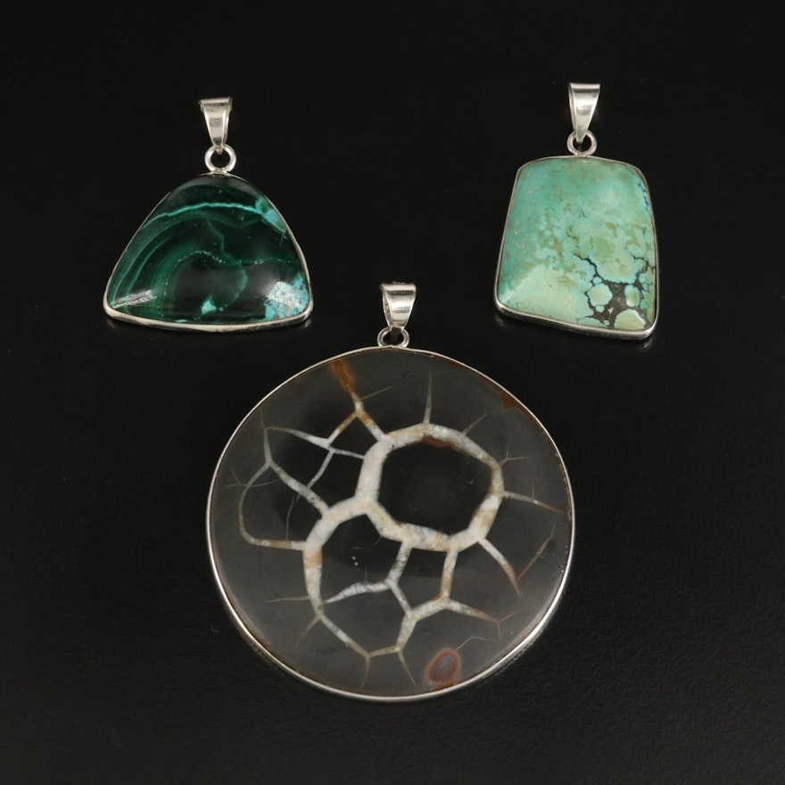 Sterling Malachite, Turquoise and Septarian Nodule Pendants