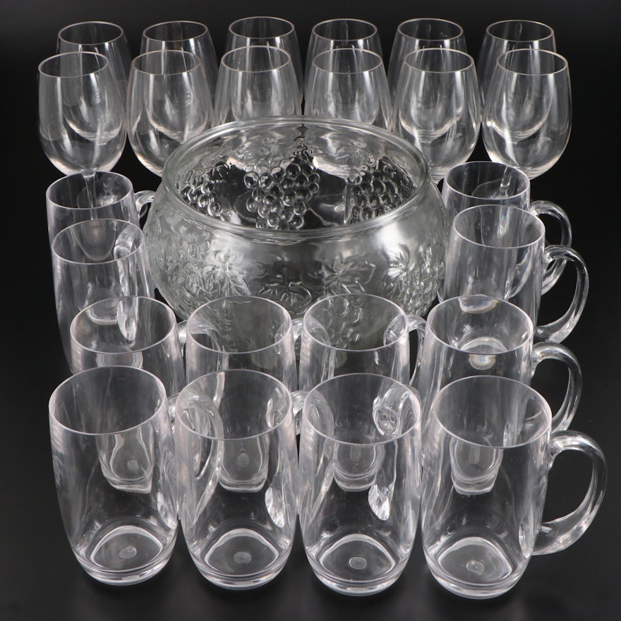 Pressed Glass Punch Bowl with Plastic Goblets and Mugs