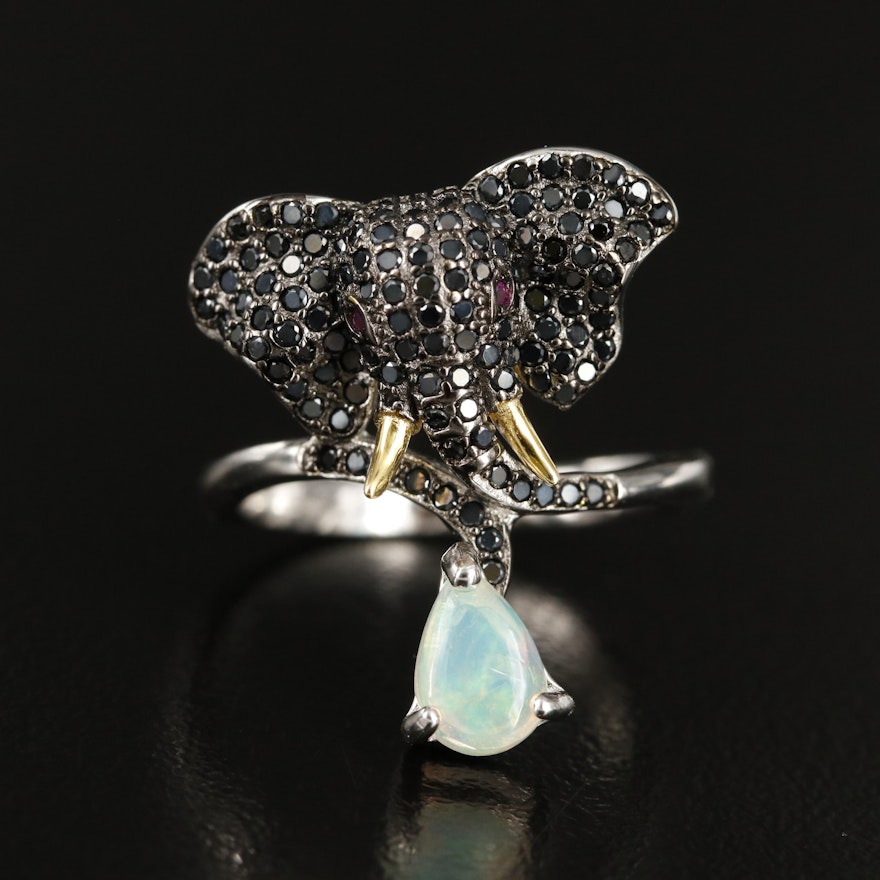 Sterling Opal, Ruby and Black Spinel African Elephant Ring