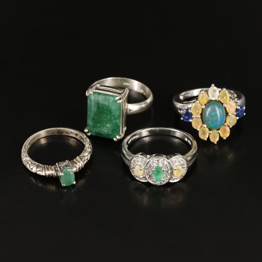 Sterling Rings Including Opal, Emerald, Sapphire and 14K Rose Gold Accents