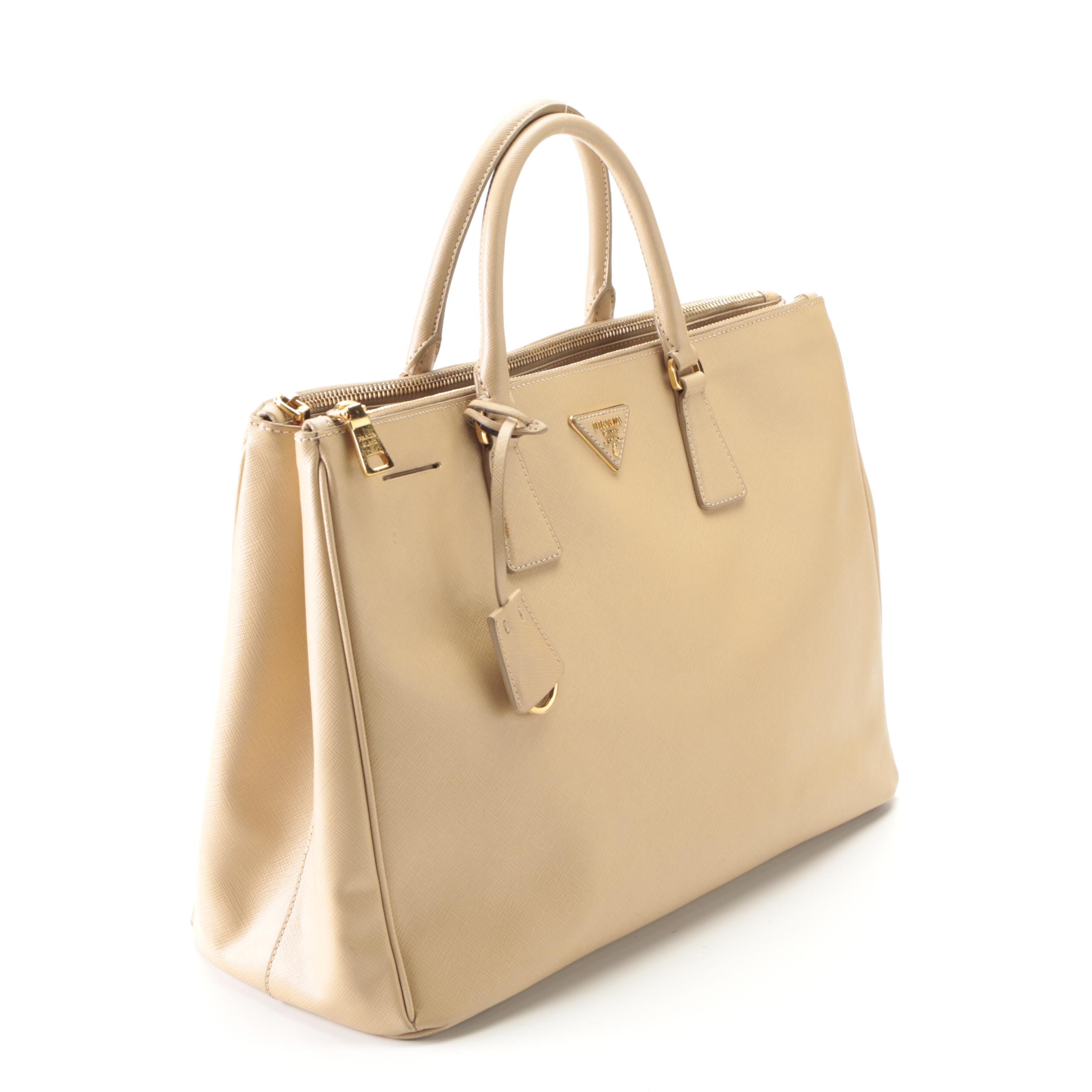 Prada Double Zip Medium Galleria Tote Bag in Beige Saffiano Leather