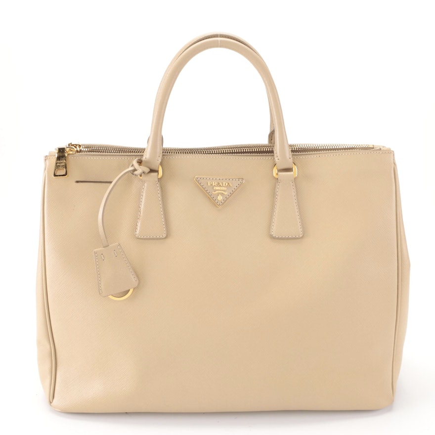 Prada Double Zip Medium Galleria Tote Bag in Beige Saffiano Leather