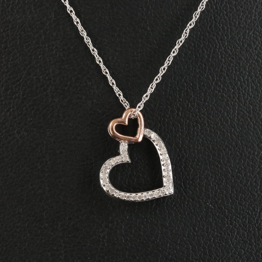 Sterling Diamond Double Heart Pendant Necklace with 10K Accent