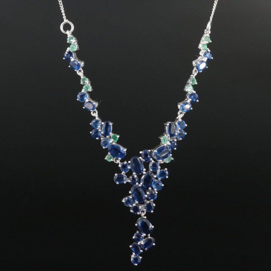 Sterling Kyanite and Emerald Stationary Necklace