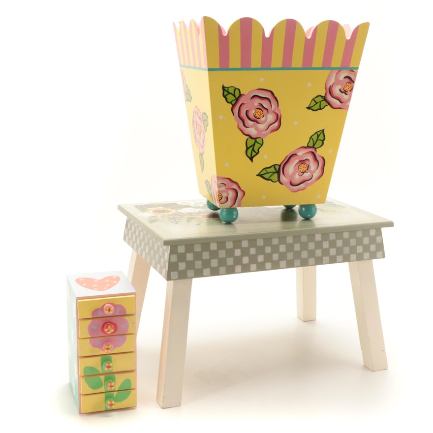 The Essex Collection Floral Trash Bin with Painted Wooden Table and Jewelry Box