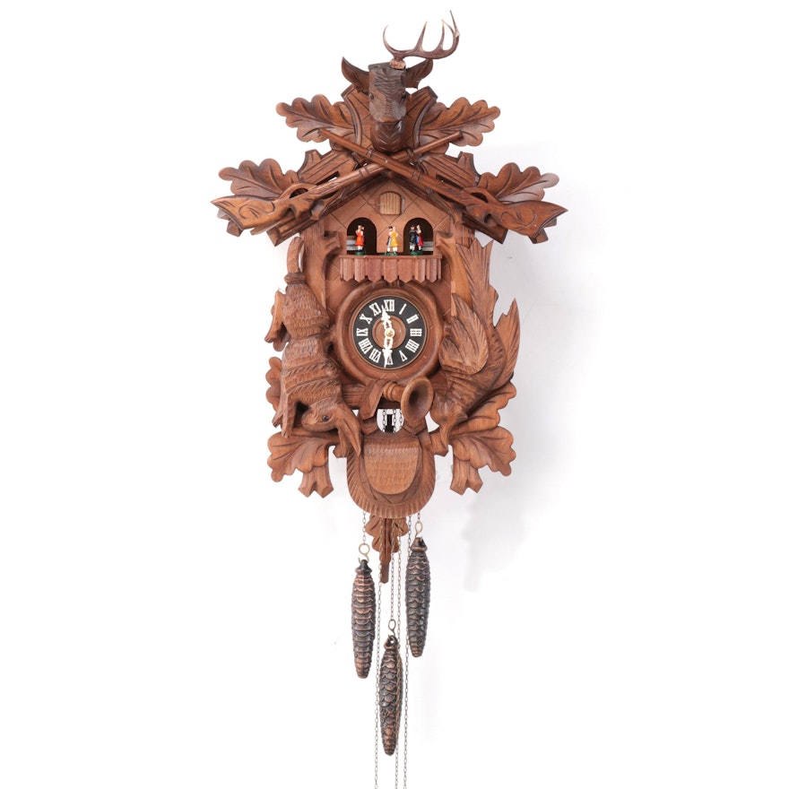 German Black Forest Style Traditional Carved Walnut Cuckoo Clock