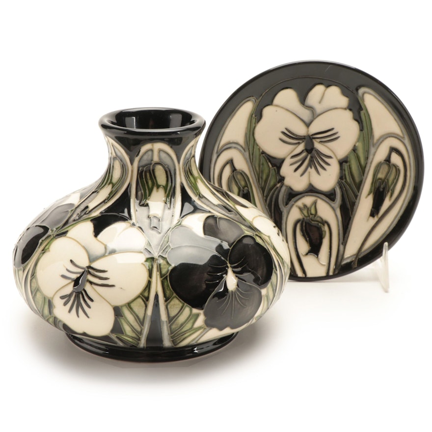 Moorcroft Pottery Black and White Vase and Dish, 2003