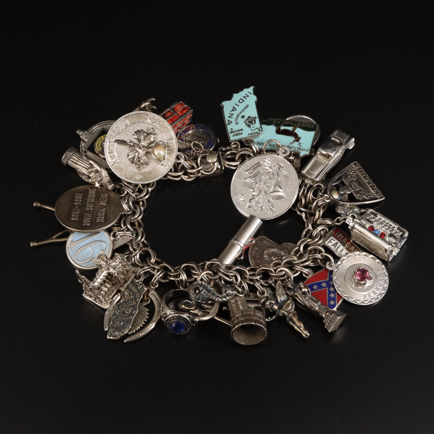 Vintage Sterling Charm Bracelet with Travel Themed Charms