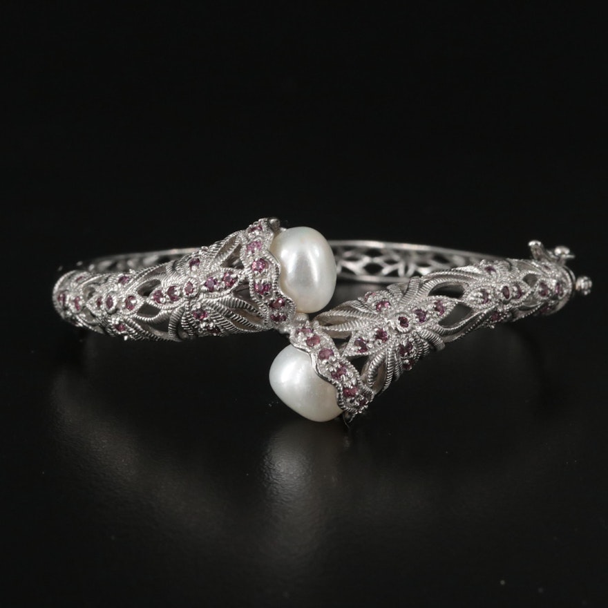 Sterling Pearl and Garnet Hinged Bypass Bracelet