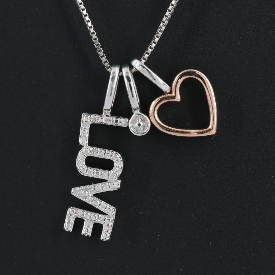 Sterling Heart with 10K Rose Gold Accent and Diamond "Love" Pendant Necklace