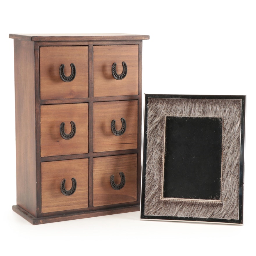 Wooden Horseshoe Pull Jewelry Box with Hide Trimmed Silver Picture Frame