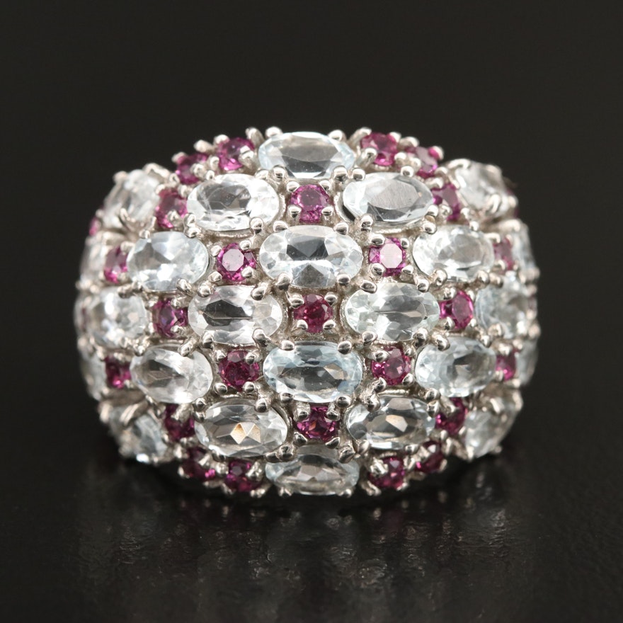 Sterling Aquamarine and Garnet Cluster Ring