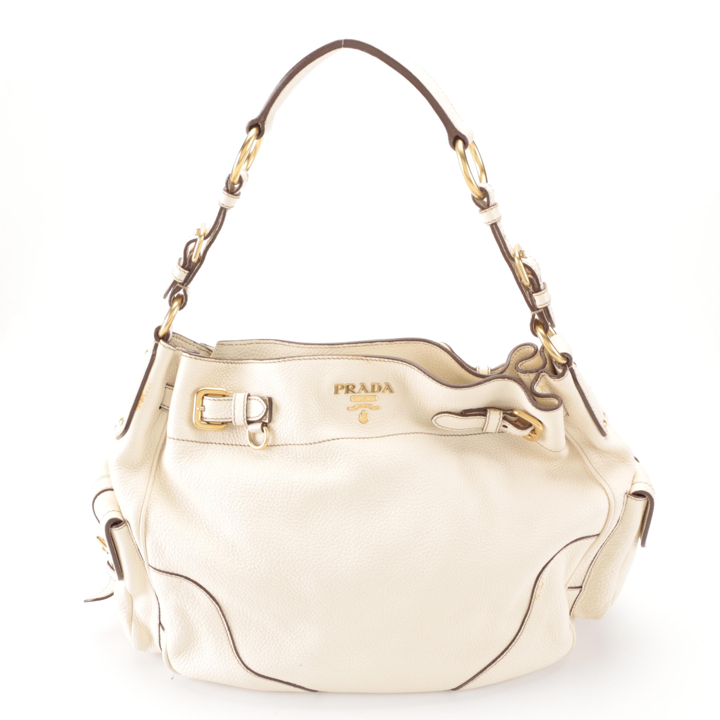 Prada Hobo Bag with Zip Pouch in Off-White Vitello Daino Leather