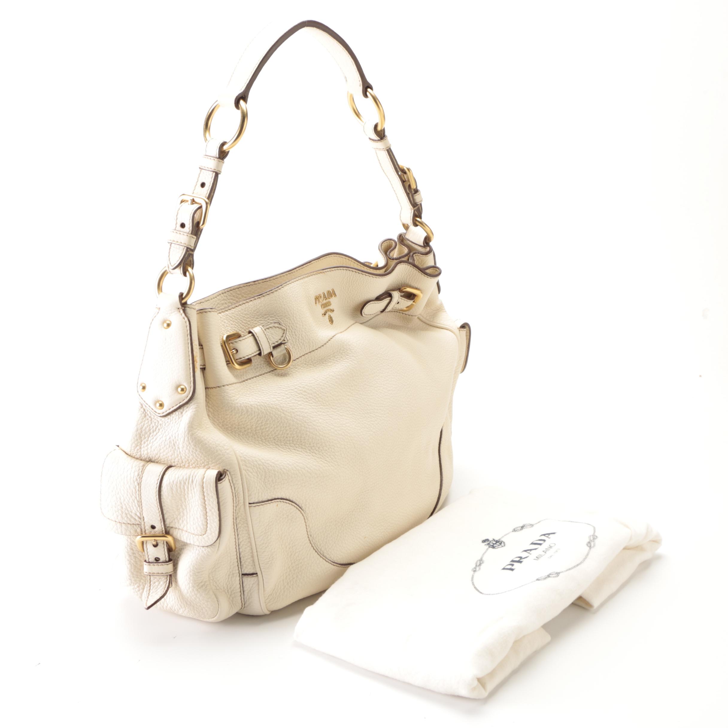 Prada Hobo Bag with Zip Pouch in Off-White Vitello Daino Leather