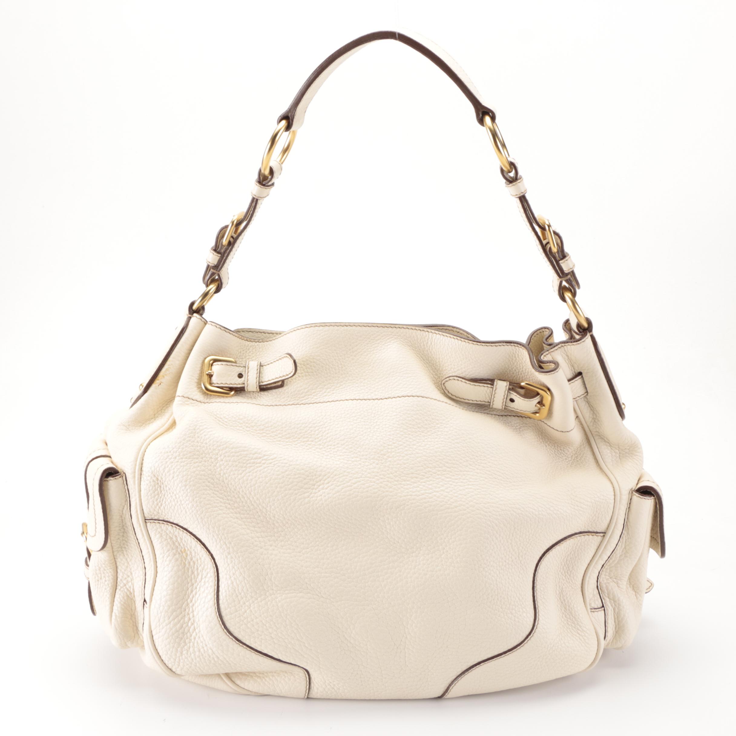 Prada Hobo Bag with Zip Pouch in Off-White Vitello Daino Leather