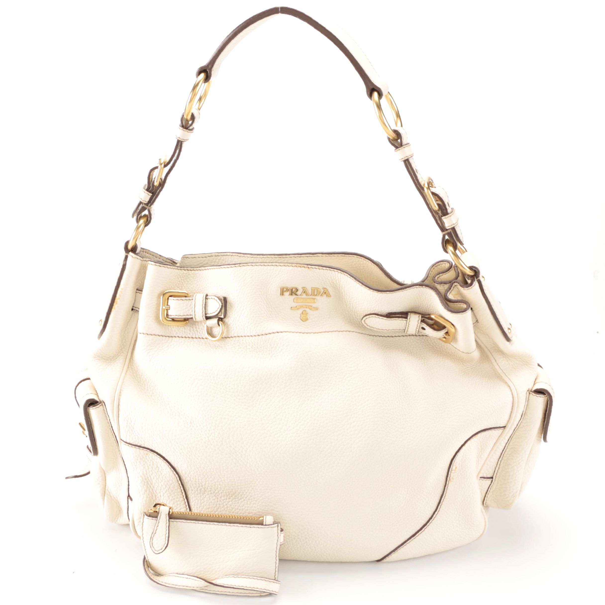 Prada Hobo Bag with Zip Pouch in Off-White Vitello Daino Leather