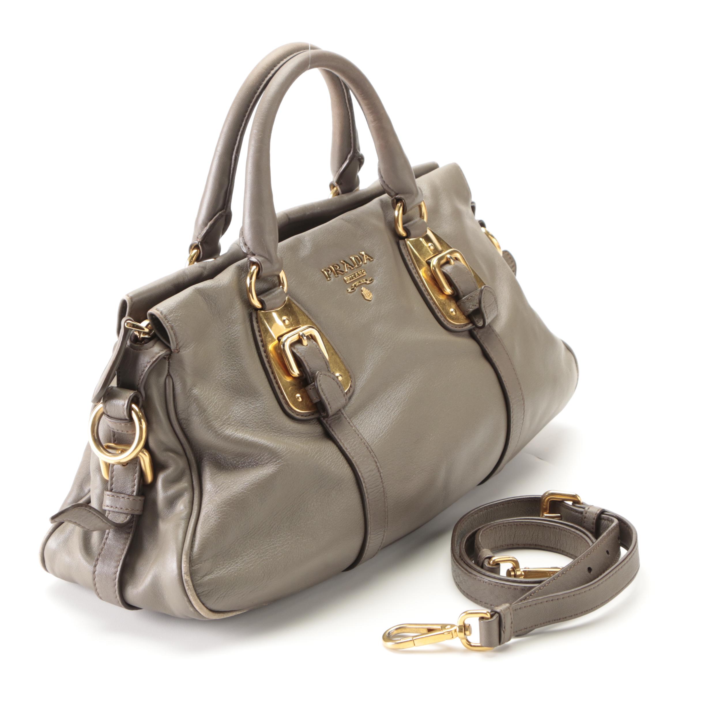 Prada Medium Bauletto Convertible Tote in Grey Calfskin with Detachable Strap
