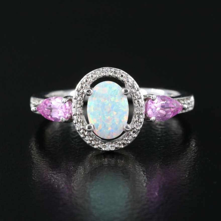 Sterling Opal, Sapphire and Cubic Zirconia Ring