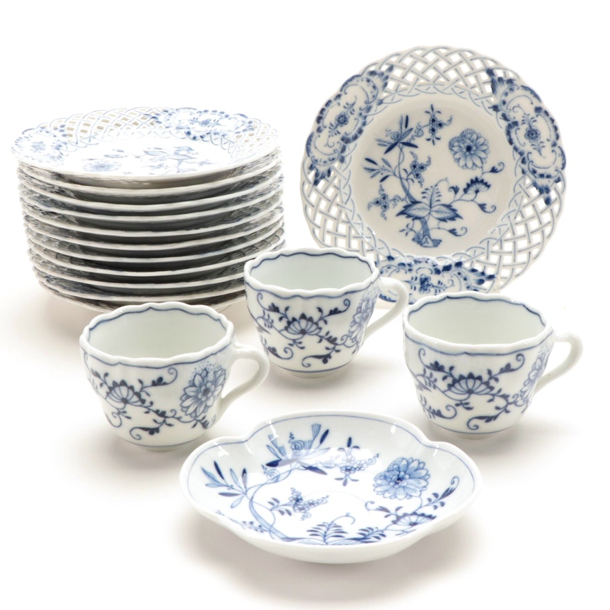 Meissen "Blue Onion" Openwork Rim Plates and Saucer with Thun Demitasse Cups