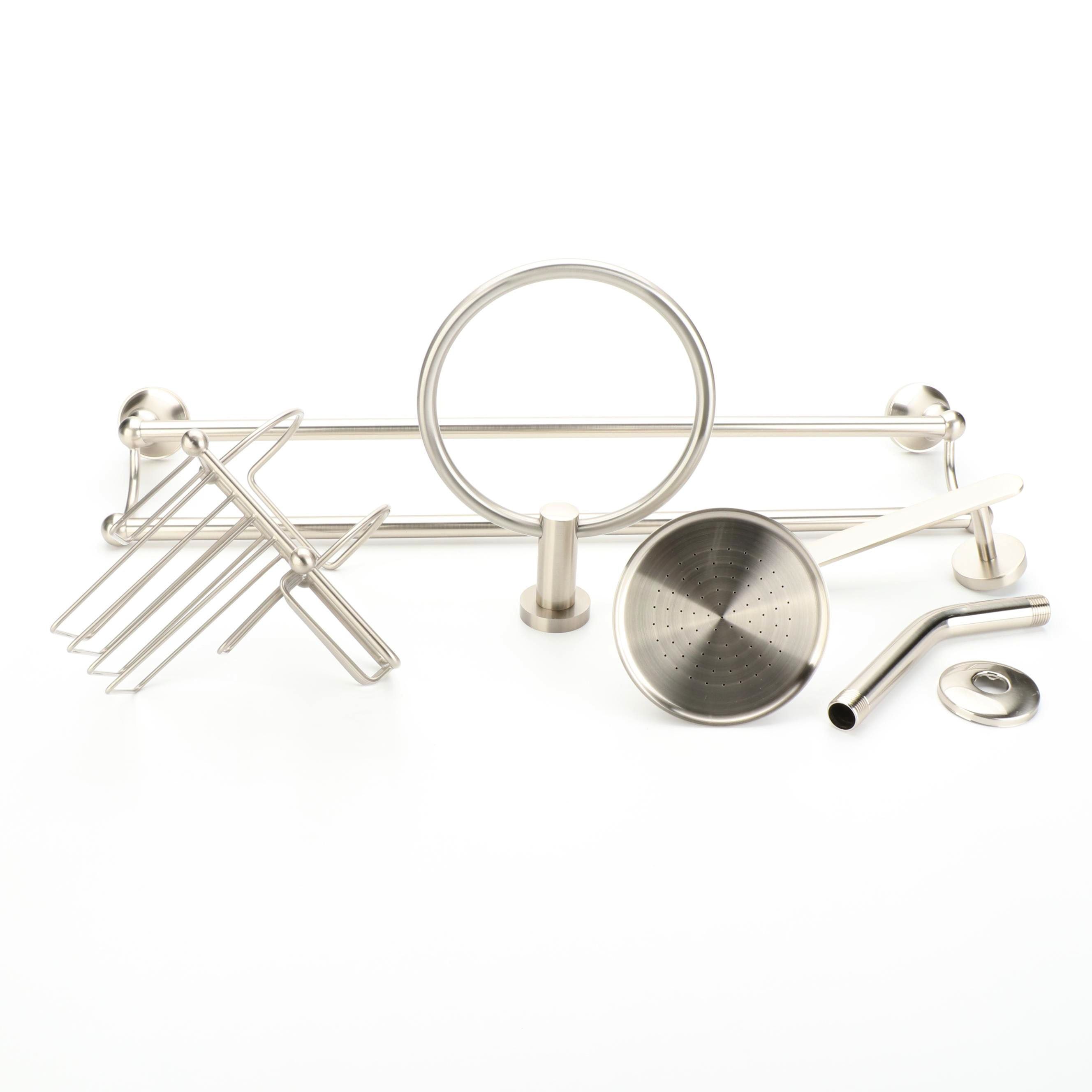 Brushed Nickel Showerhead, Shampoo and Soap Basket, Towel Bar, Ring and More