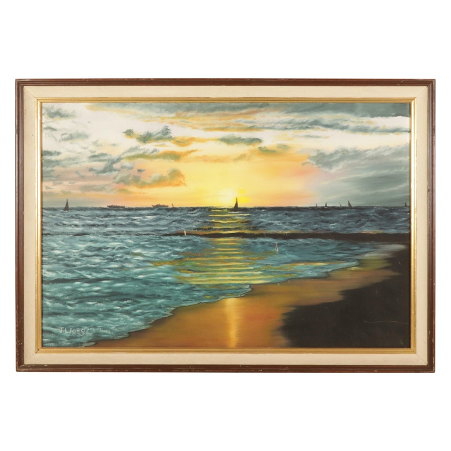J. Ladesic Seascape Oil Painting of Coastal Beach at Sunset