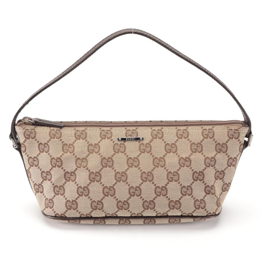 Gucci Boat Pochette Bag in Beige GG Canvas with Leather Trim