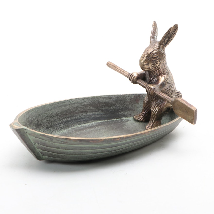 Patinated Cast Metal Bunny in Rowboat Trinket Dish