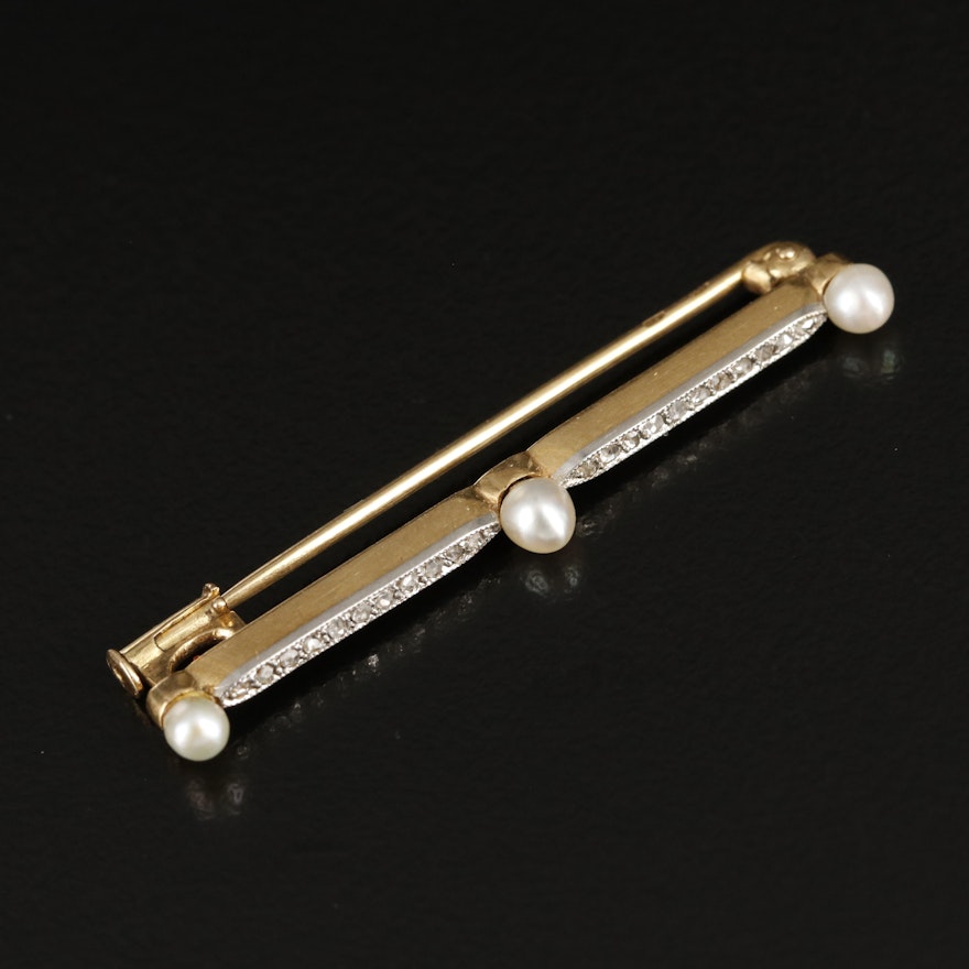 Vintage 18K Pearl and Diamond Bar Brooch with Platinum Top