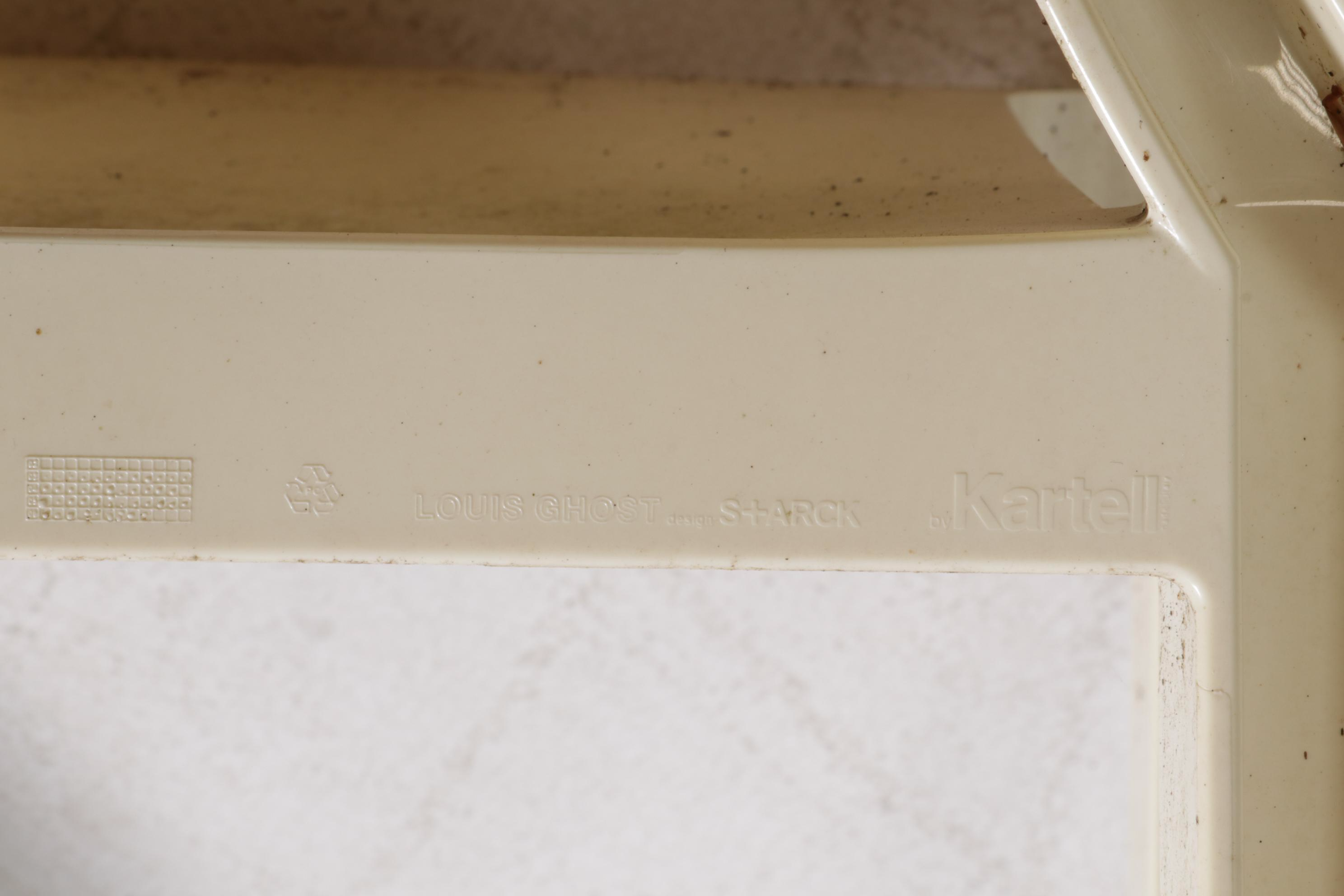 Four Louis Ghost S+ARCK by Kartell Plastic Chairs with PE Rattan Folding Table