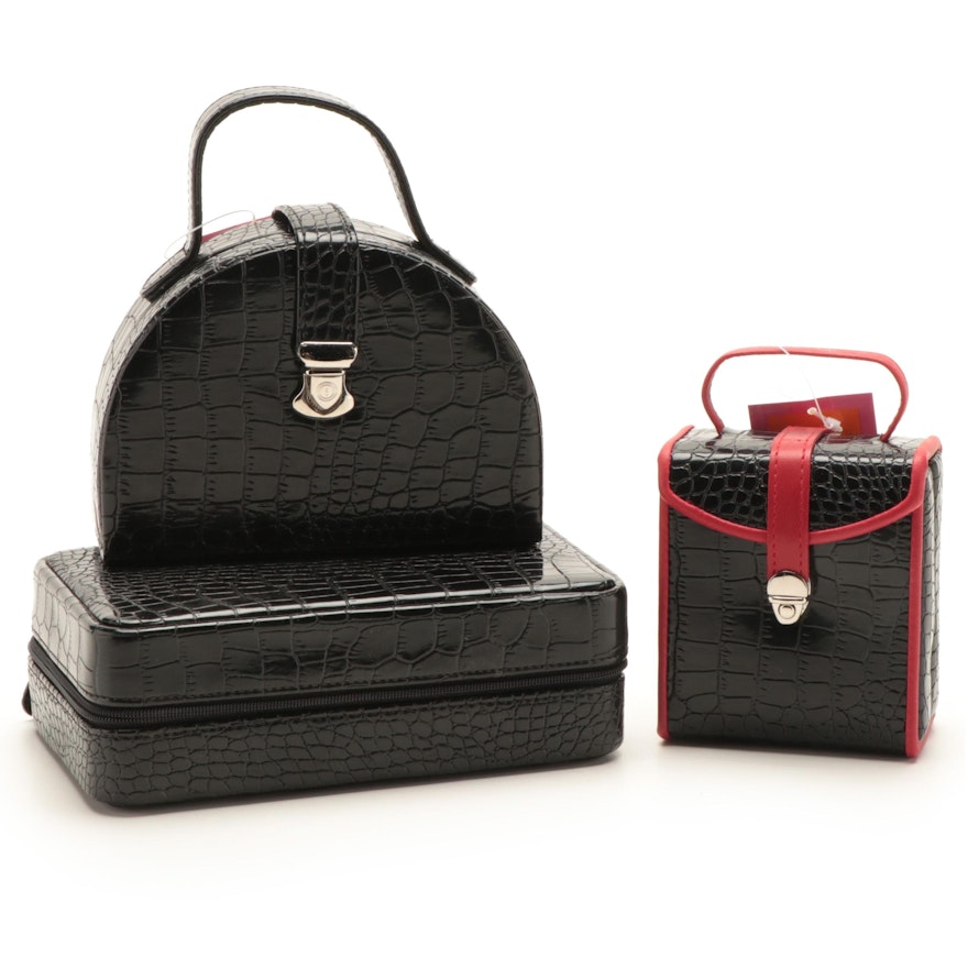 Alten International Black Croc Embossed Vinyl Travel Jewelry Cases