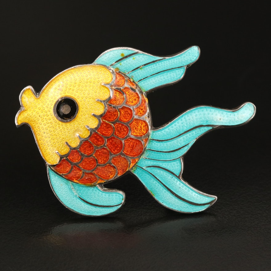 Mexican Sterling Glass Enamel Tropical Fish Brooch