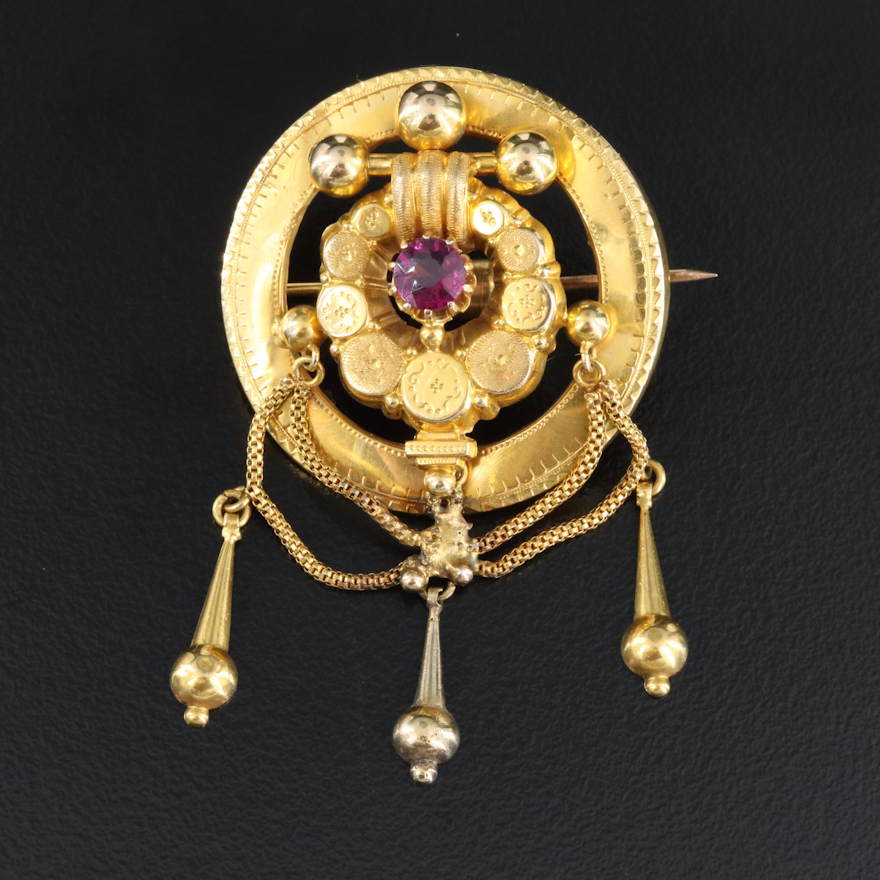 French Victorian 18K Rhodolite Garnet Festoon Brooch