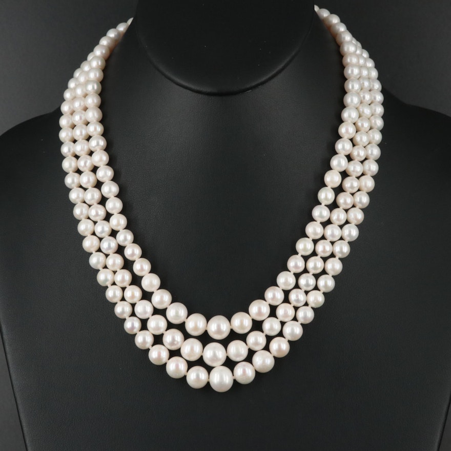 Graduated Pearl Triple Strand Necklace with 14K Clasp