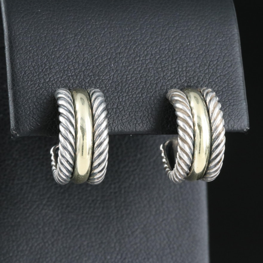 David Yurman "Cable Classics" Two-Tone Sterling and 14K Hoop Earrings