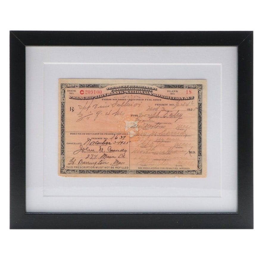 National Prohibition Act Prescription Blank Form, 1922