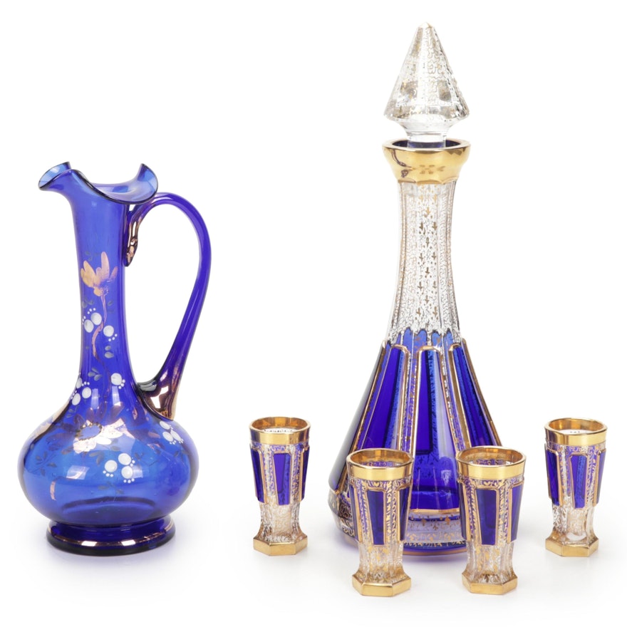 Bohemian Kamenicky Senov Cobalt and Hand-Painted Gold Decanter and Cordials