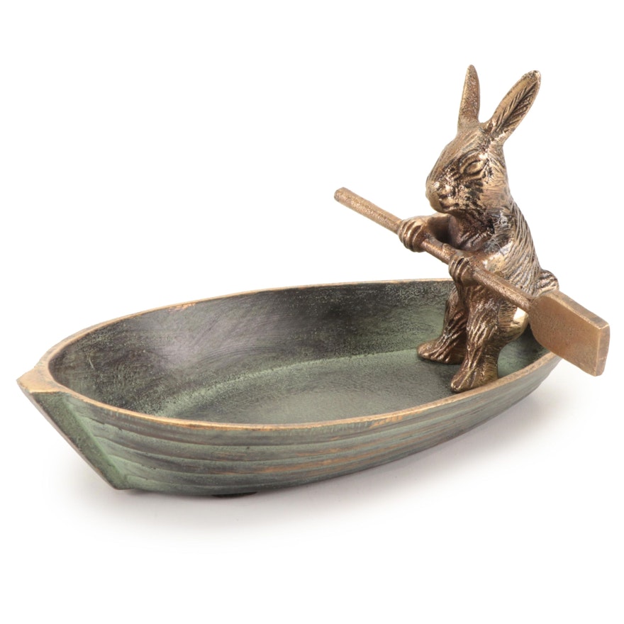 Patinated Cast Metal Rabbit in Rowboat Trinket Dish