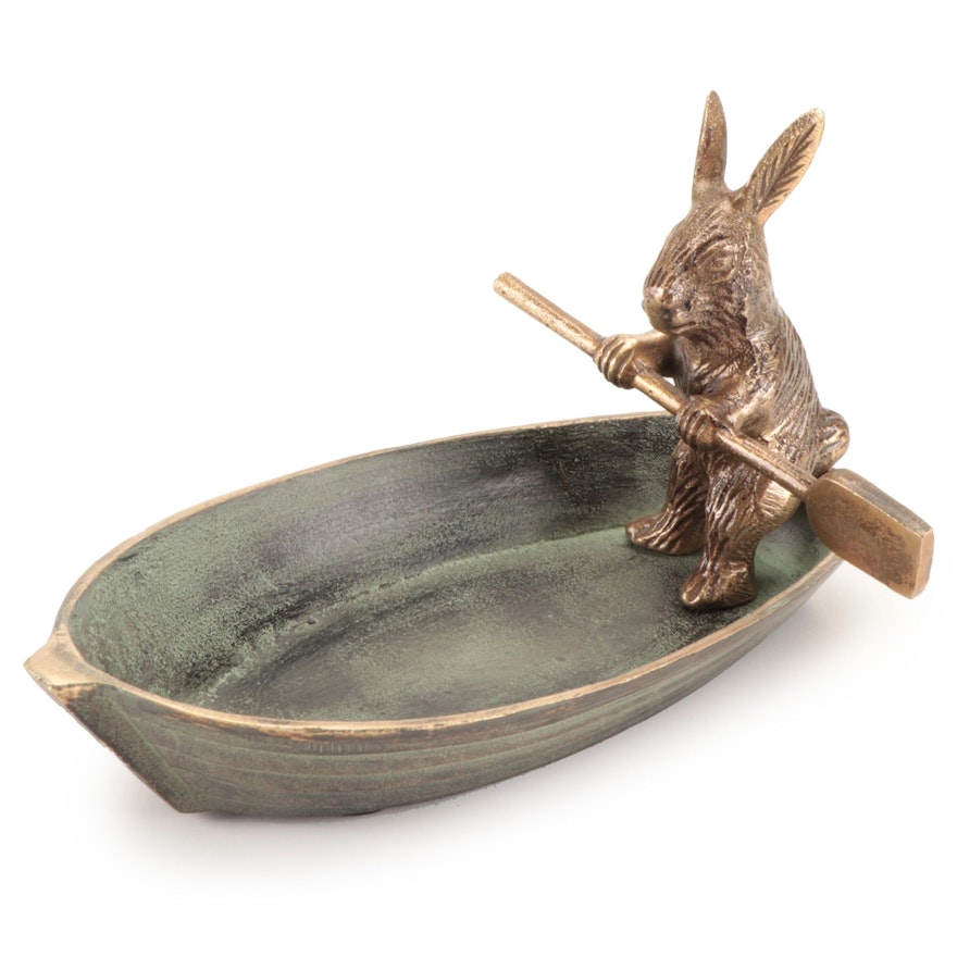 Patinated Cast Metal Rabbit in Rowboat Trinket Dish