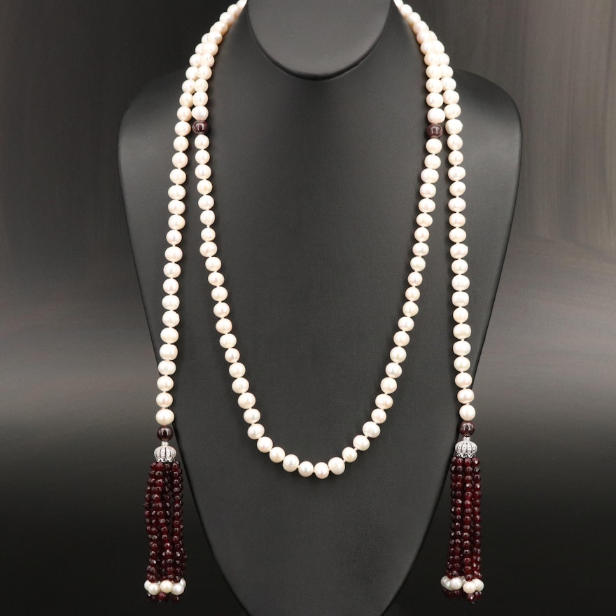 Pearl and Garnet Lariat Necklace